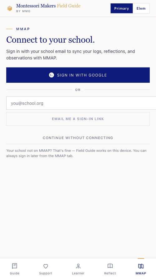 Field Guide connected to MMAP — school activity log and stats