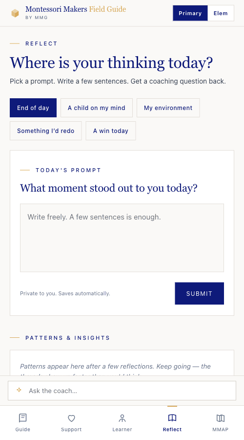 Reflect mode — daily prompt and coaching textarea in the Field Guide app